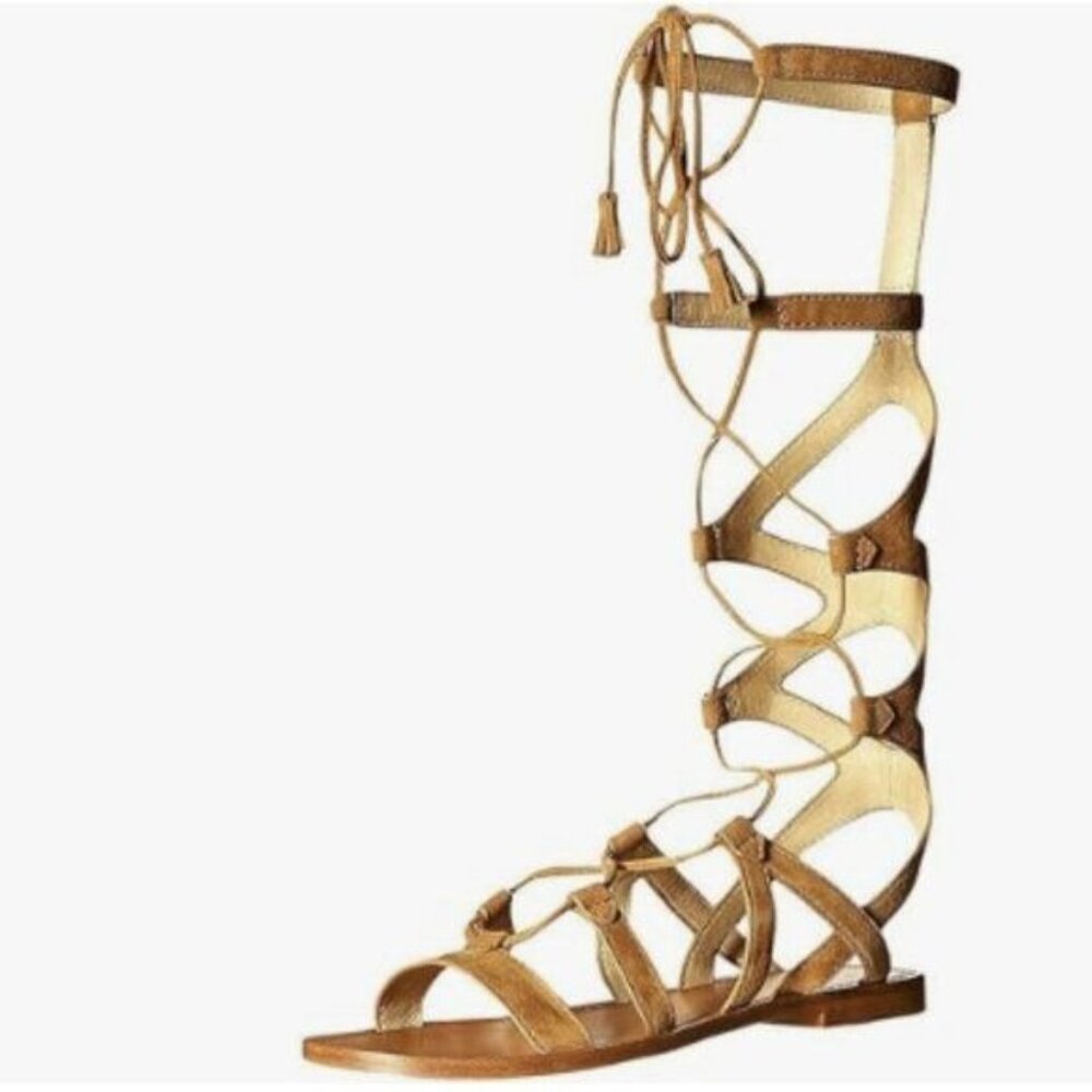 YDN Women  Knee High Lace up Flats Fringe Low Heel Gladiator Strap Sandals Brown